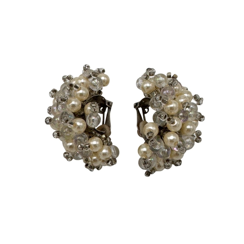 Vintage Faux Pearl Crystal Cluster Clip On Earrings AB Iridescent Beaded Wedding